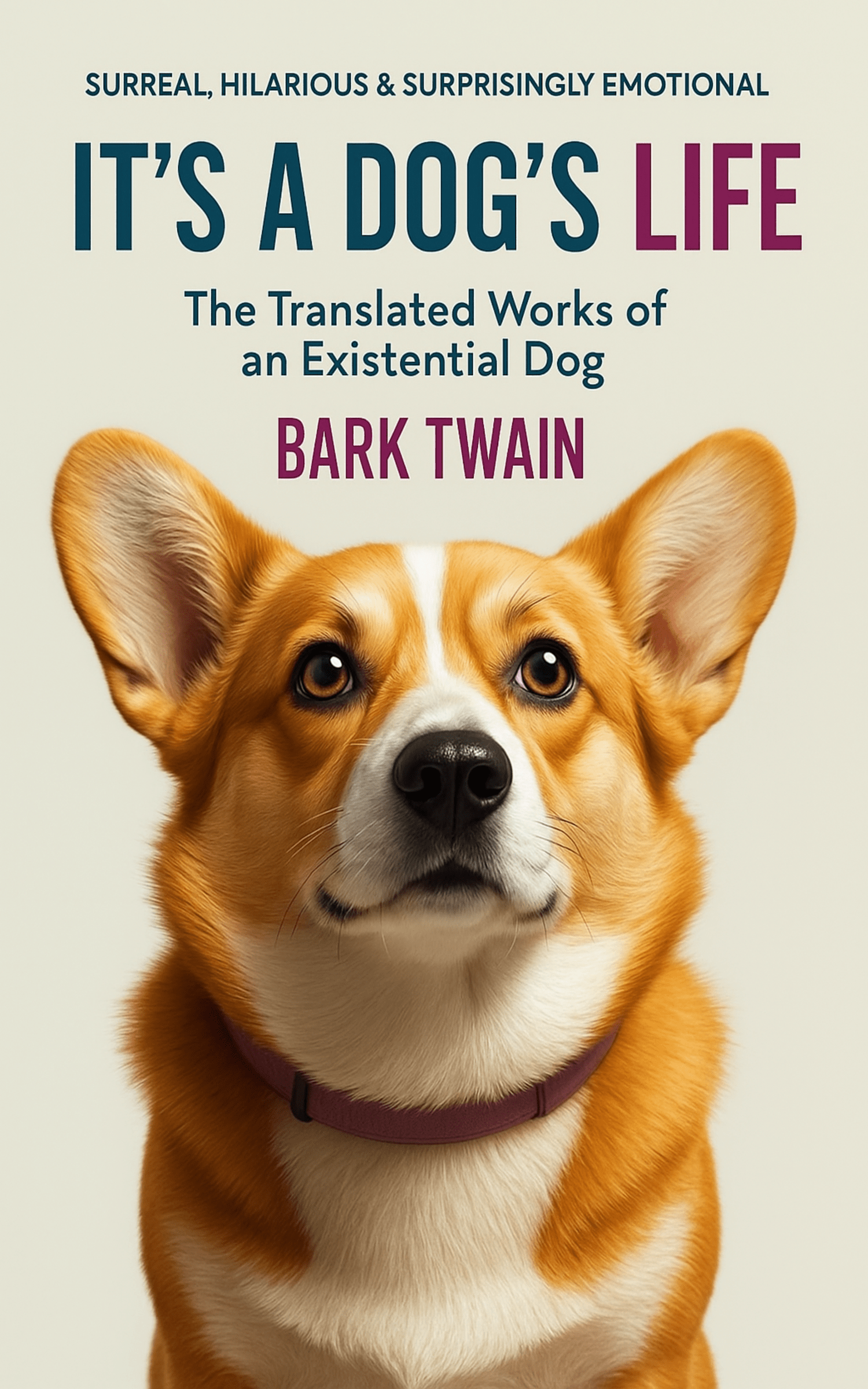 Bark Twain the dog poet sitting with a thoughtful expression, wearing a tiny hat and bowtie, surrounded by books and a typewriter